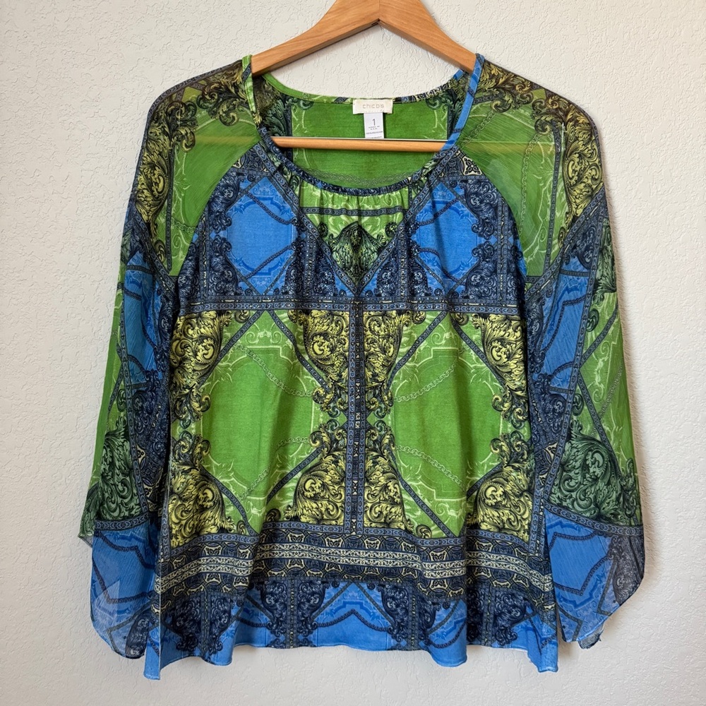 Chico's Blue and Green Patterned Blouse